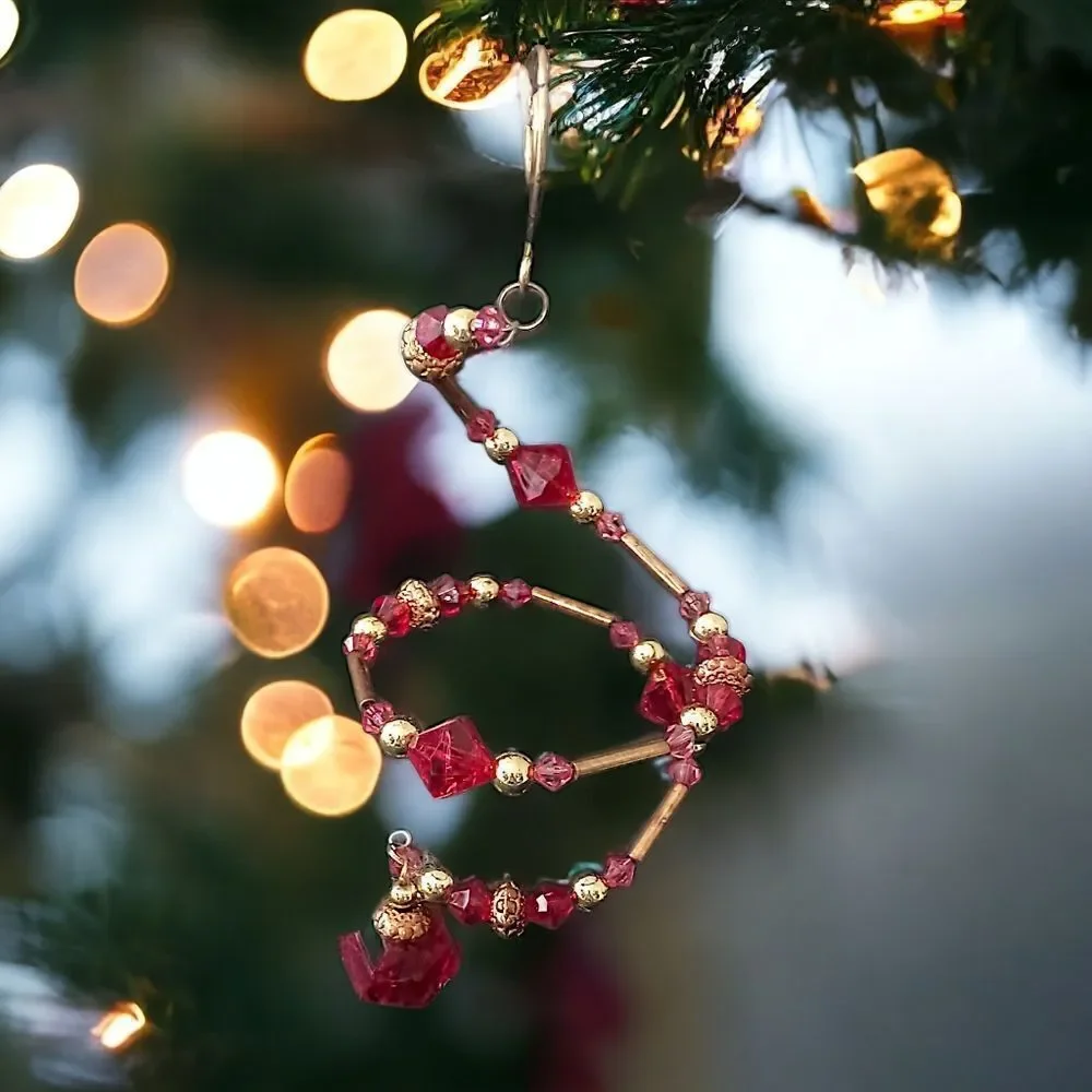 Beaded Memory Wire Ornament Spiral Dangle‎ Twist Sparkly Christmas Red Gold Tone